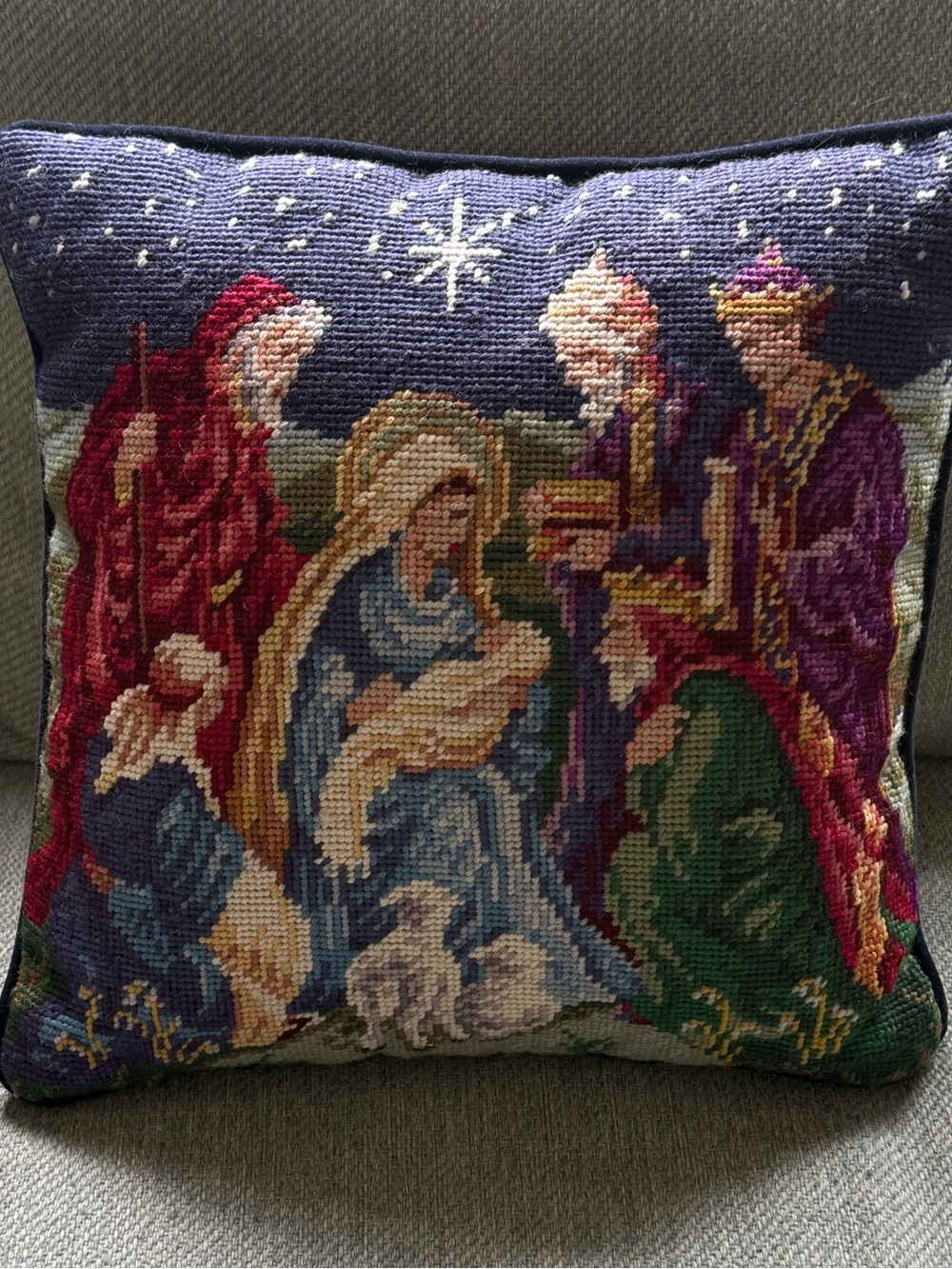 Nativity Holy Night Christmas Needlepoint Pillow Mary baby Jesus 13”x13”